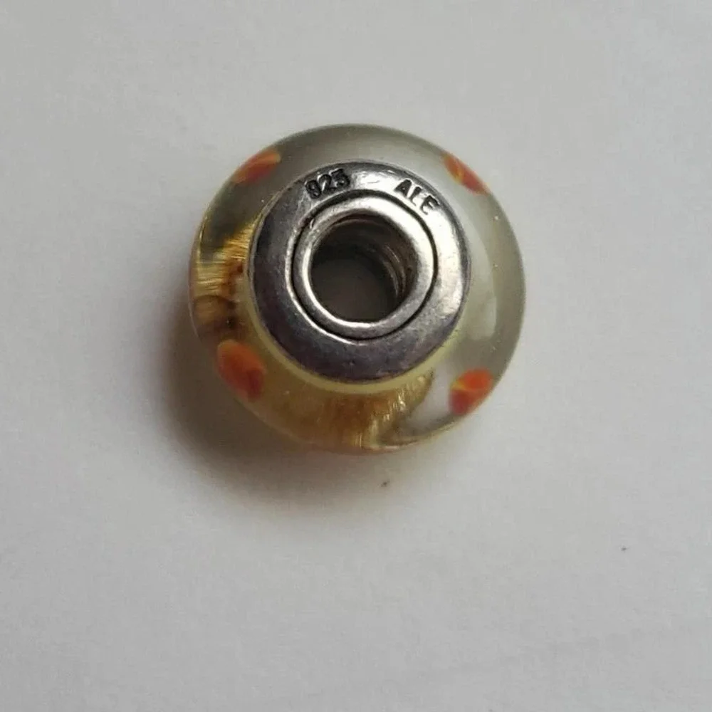 Pandora Murano Glass Bead Charm Yellow Orange Polka Dot 925 Sterling Silver ALE